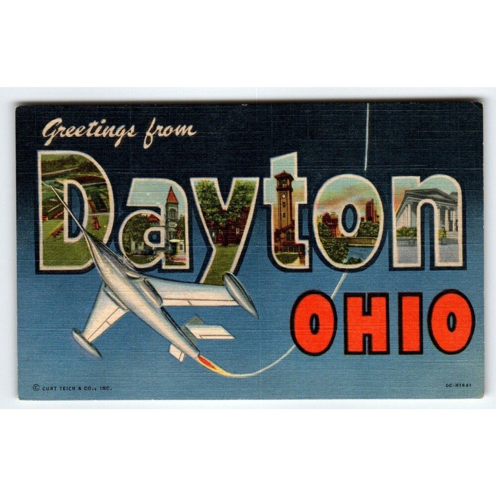 Greetings From Dayton Ohio Supersonic Jet Airplane Large Letter Linen Postcard